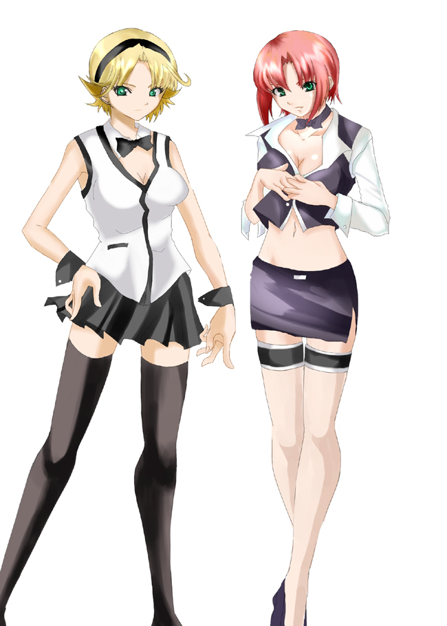 2girls, bad_id, blonde_hair, croupier, green_eyes, hairband, miniskirt, multiple_girls