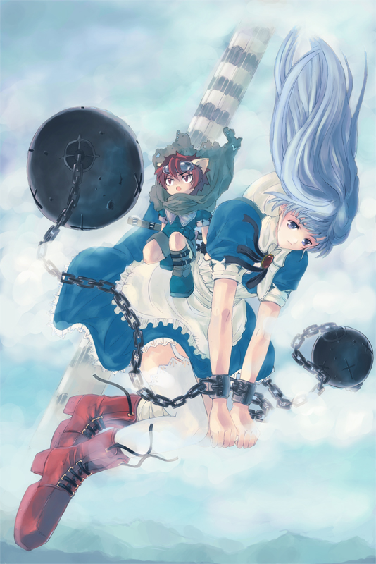 bdsm, blue_hair, bondage, bound, cuffs, hino_kunugi, maid, shackles, tinami