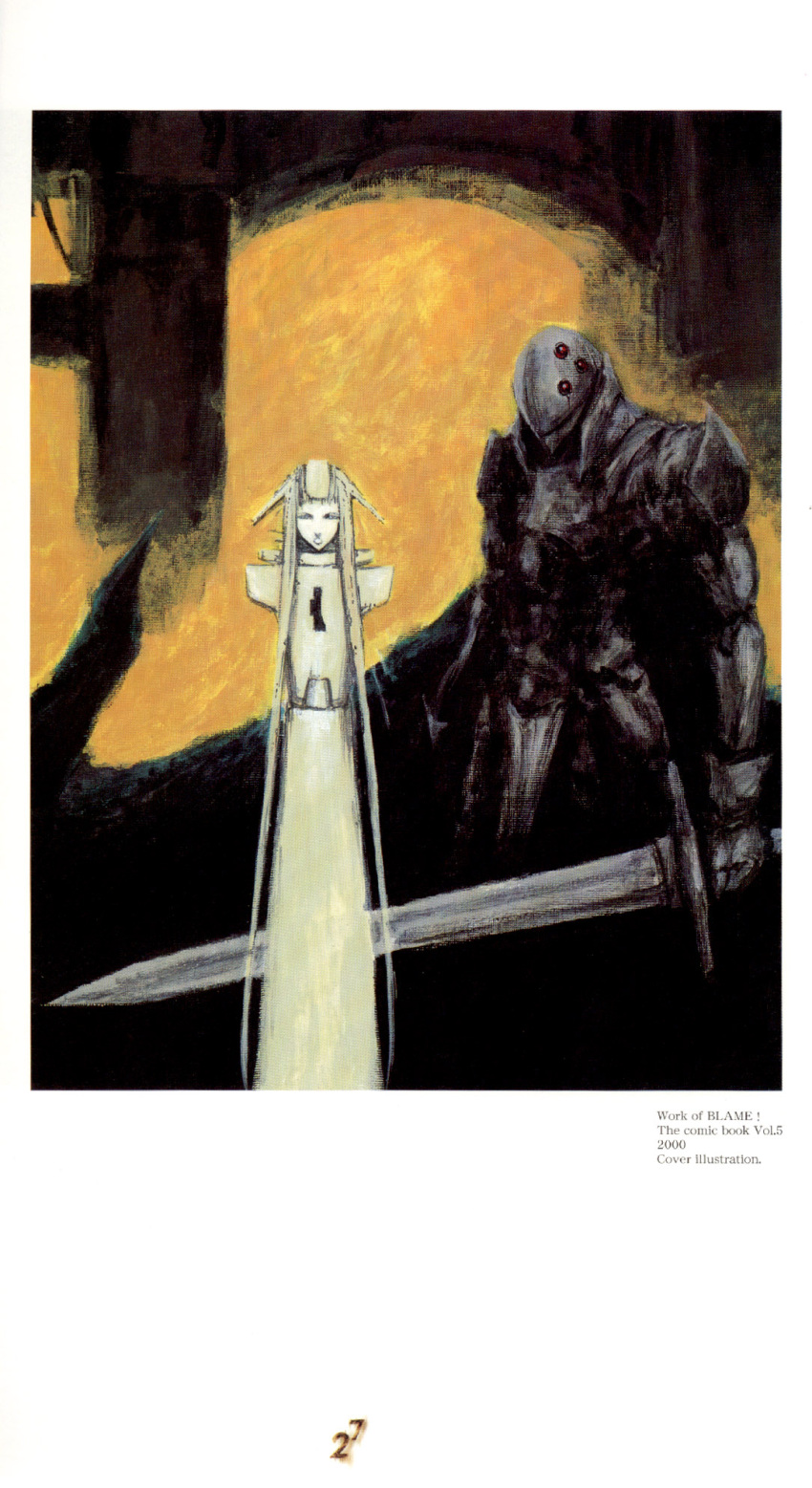 1boy, android, armor, blame!, blame_and_so_on, emblem, extra_eyes, highres, holding, holding_sword, holding_weapon, left-handed, looking_at_viewer, mensab, monster, nihei_tsutomu, red_eyes, seu, standing, sword, torpedo, weapon