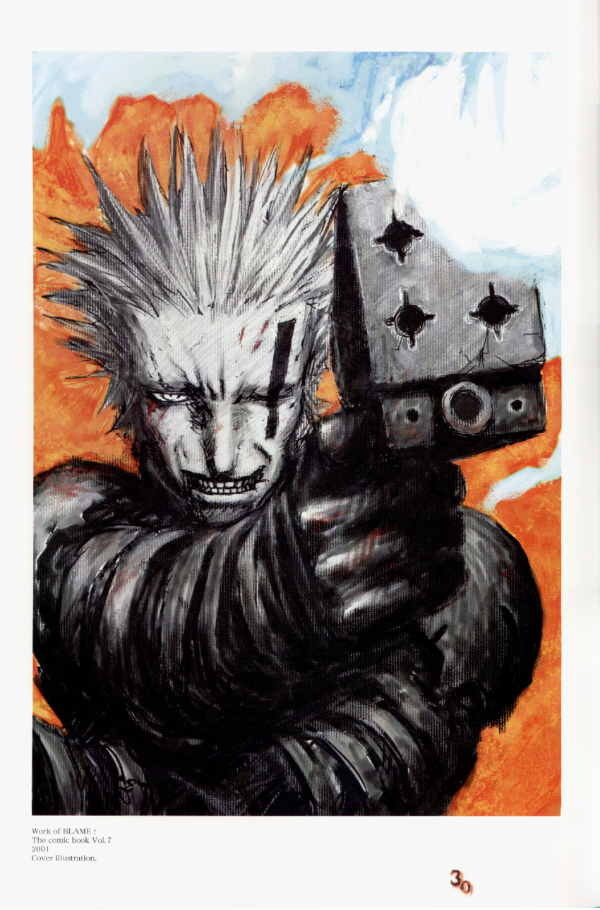 1boy, artbook, black_gloves, blame!, blame_and_so_on, blood, blood_on_face, clenched_teeth