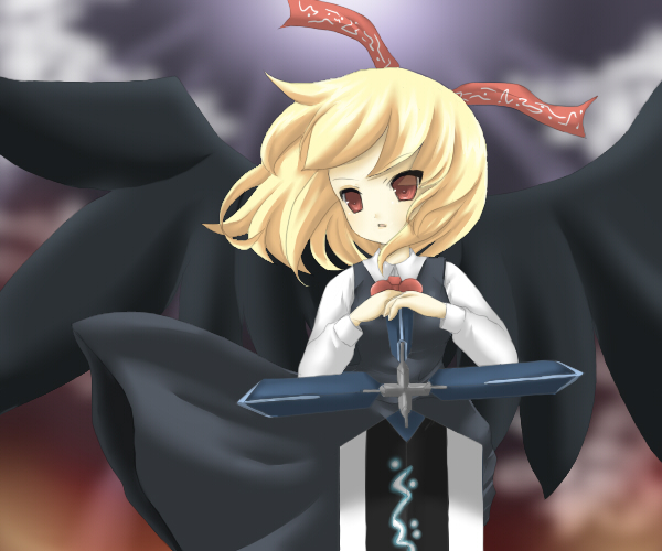 1girl, black_wings, blonde_hair, ex-rumia, female, necktie, red_eyes, ribbon
