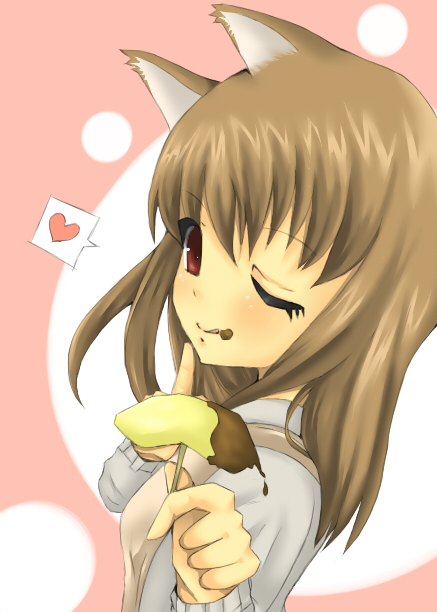 1girl, animal_ears, bangs, blunt_bangs, brown_hair, food, heart, holo