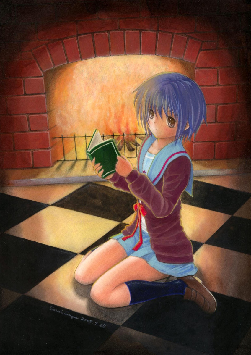 blue_hair, book, cardigan, checkerboard, checkered, fireplace, highres, kneehighs