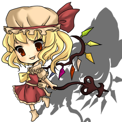 1girl, blonde_hair, female, flandre_scarlet, hat, lowres, red_eyes, solo