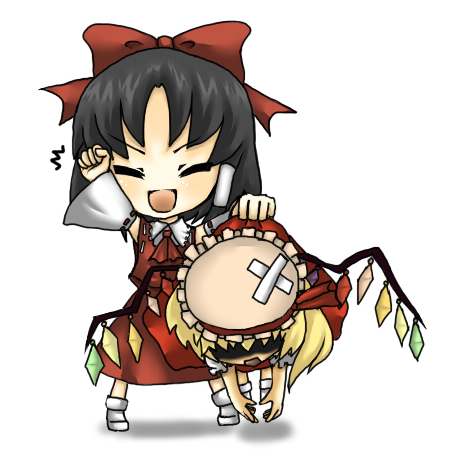 2girls, arm_up, ascot, bad_id, bandage, black_hair, blonde_hair, bow