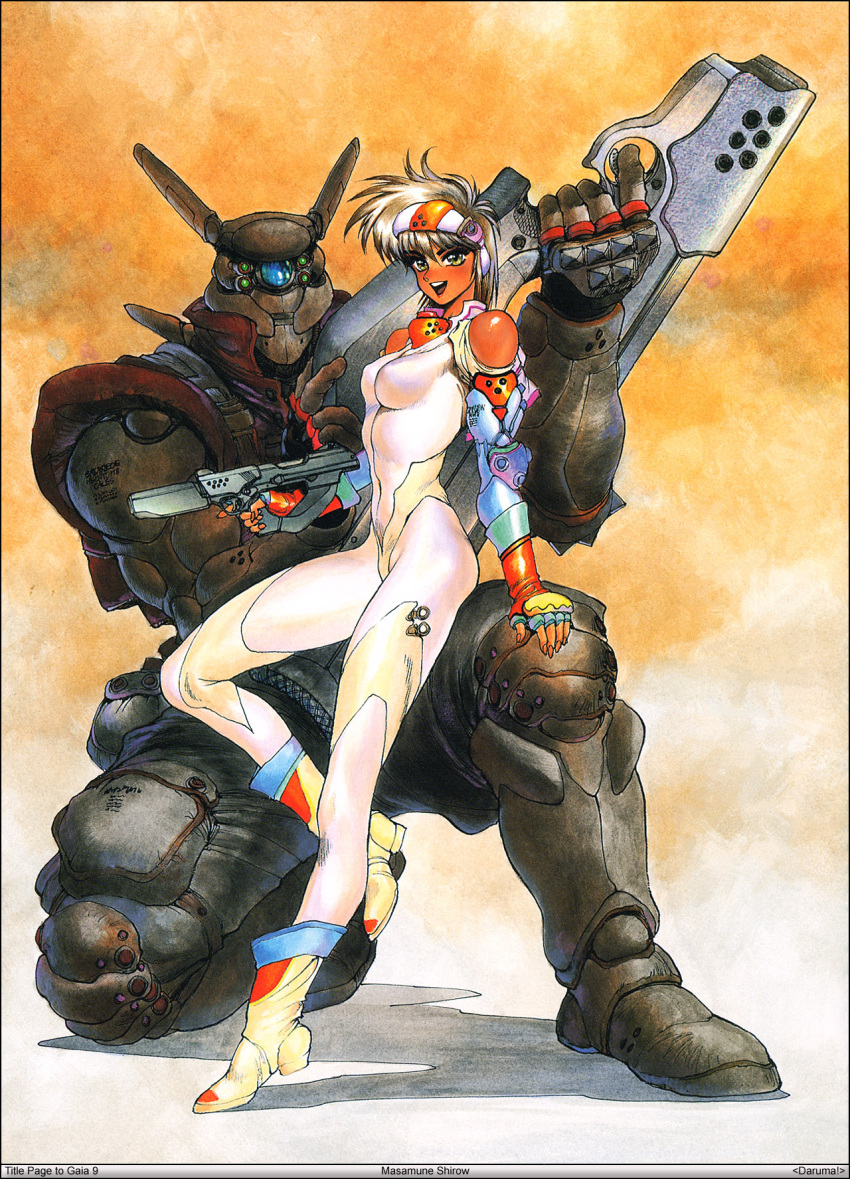 80s, appleseed, bare_shoulders, bodysuit, boots, briareos_hecatonchires, brown_hair, deunan_knute