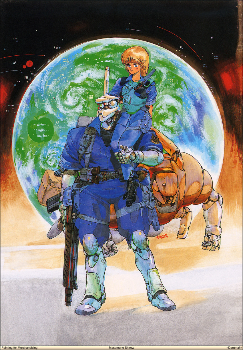 1boy, 1girl, 80s, apple, appleseed, blonde_hair, briareos_hecatonchires, couple