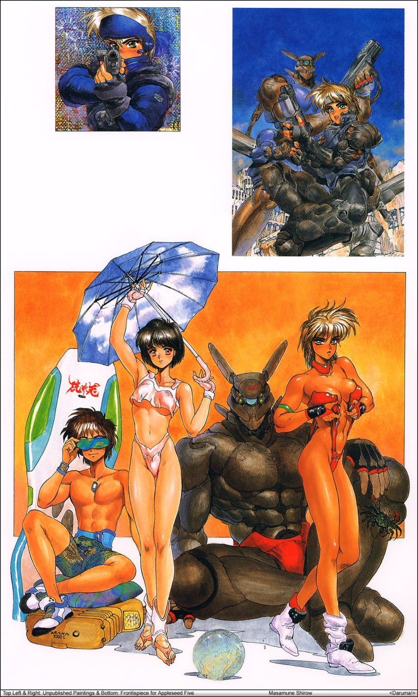 1boy, 2girls, 80s, appleseed, bikini, boots, breasts, briareos_hecatonchires