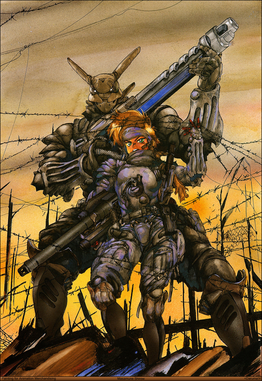 1boy, 1girl, 80s, appleseed, armor, barbed_wire, briareos_hecatonchires, cannon