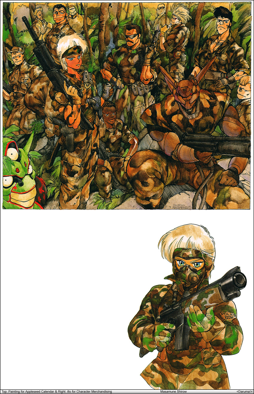 1girl, 6+boys, 80s, appleseed, briareos_hecatonchires, deunan_knute, everyone, highres