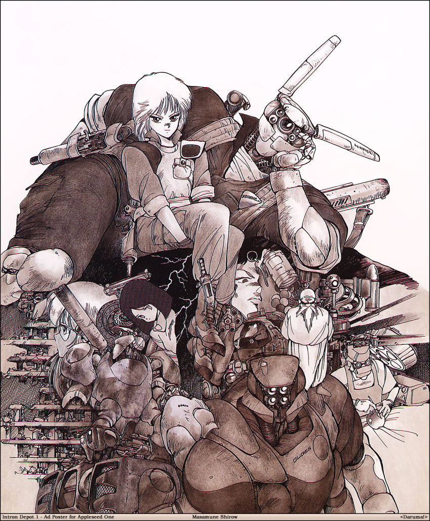 2boys, 4girls, 80s, appleseed, beard, briareos_hecatonchires, deunan_knute, everyone