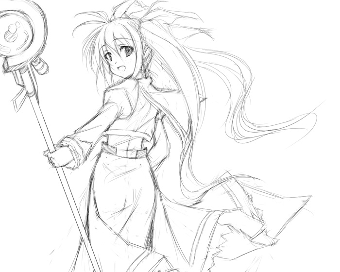 1girl, lyrical_nanoha, mahou_shoujo_lyrical_nanoha, mahou_shoujo_lyrical_nanoha_strikers, monochrome, raising_heart, satou_takeshi, sketch, solo, takamachi_nanoha, traditional_media