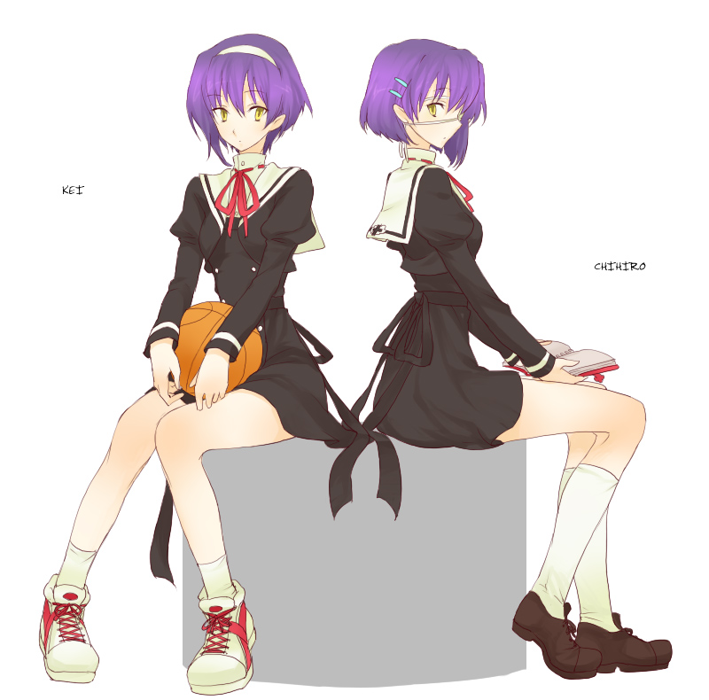 2girls, ef, egawa_satsuki, eyepatch, legs, multiple_girls, purple_hair, school_uniform