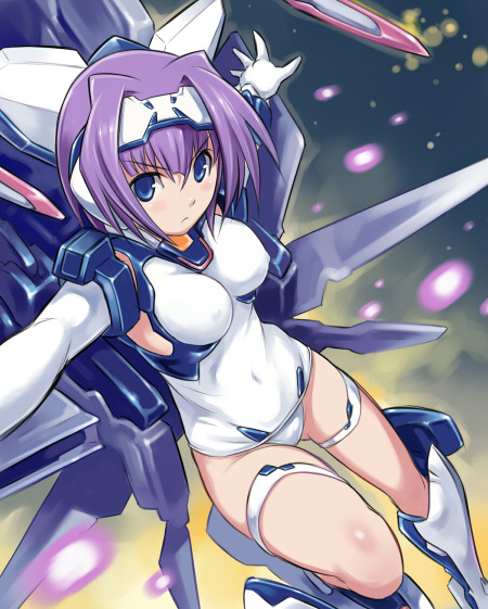 1girl, blue_eyes, blush, breasts, detached_sleeves, erect_nipples, exelica, garters