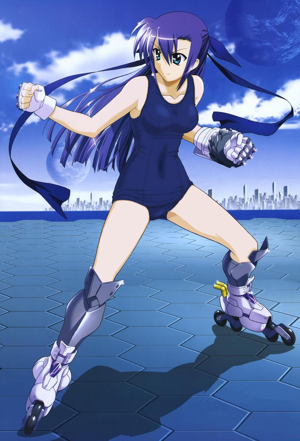 1girl, blitz_caliber, blue_hair, fighting_stance, fingerless_gloves, gauntlets, ginga_nakajima, gloves, highres, inline_skates, jpeg_artifacts, long_hair, lyrical_nanoha, mahou_shoujo_lyrical_nanoha, mahou_shoujo_lyrical_nanoha_strikers, okuda_yasuhiro, one-piece_swimsuit, photoshop, planet, purple_hair, revolver_knuckle, roller_skates, school_swimsuit, skates, subaru_nakajima, swimsuit