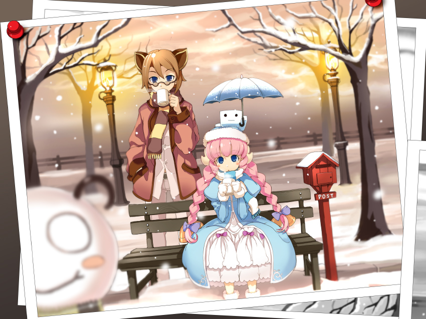2girls, armcho, bench, blue_eyes, braid, brown_hair, dress, hand_in_pocket