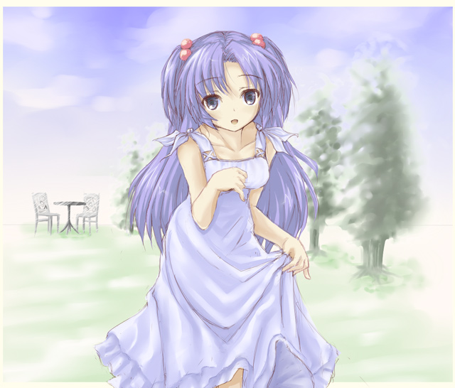 1girl, clannad, dress, hair_bobbles, hair_ornament, ichinose_kotomi, long_hair, satou_takeshi, solo, two_side_up