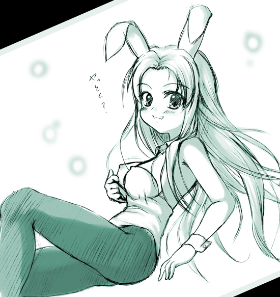 animal_ears, bunnysuit, johnny_(from_scratch), long_hair, monochrome, pantyhose, rabbit_ears, suzumiya_haruhi_no_yuuutsu