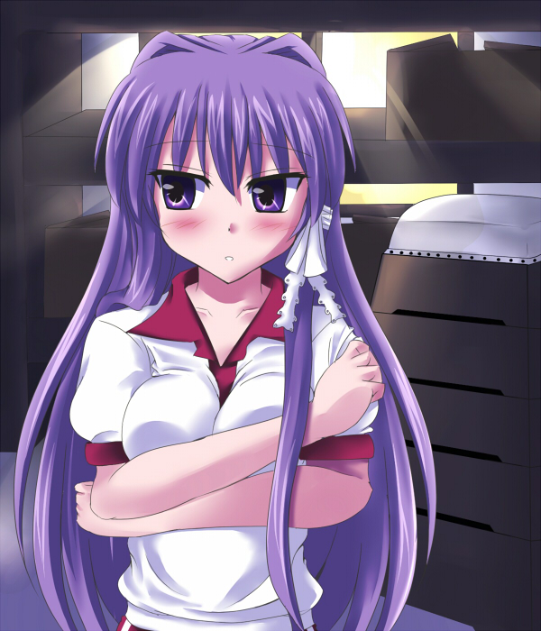 1girl, breast_press, breasts, clannad, collared_shirt, covering, covering_breasts, crossed_arms