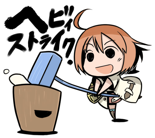1girl, :d, ahoge, atlus, brown_hair, food, hammer, lowres
