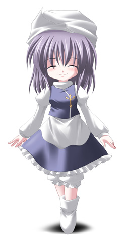 1girl, apron, blue_dress, blush, boots, dress, female, knee_boots