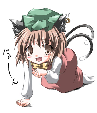 1girl, animal_ears, brown_eyes, brown_hair, cat_ears, cat_tail, chen, chibi