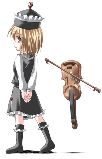 1girl, blonde_hair, brown_eyes, chibi, female, full_body, hat, instrument