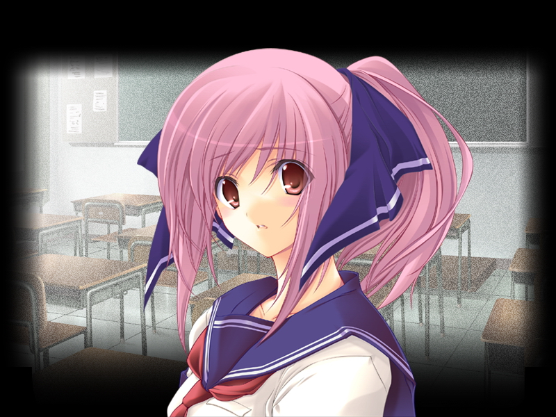 blush, classroom, desk, game_cg, iizuki_tasuku, open_mouth, pink_eyes, pink_hair