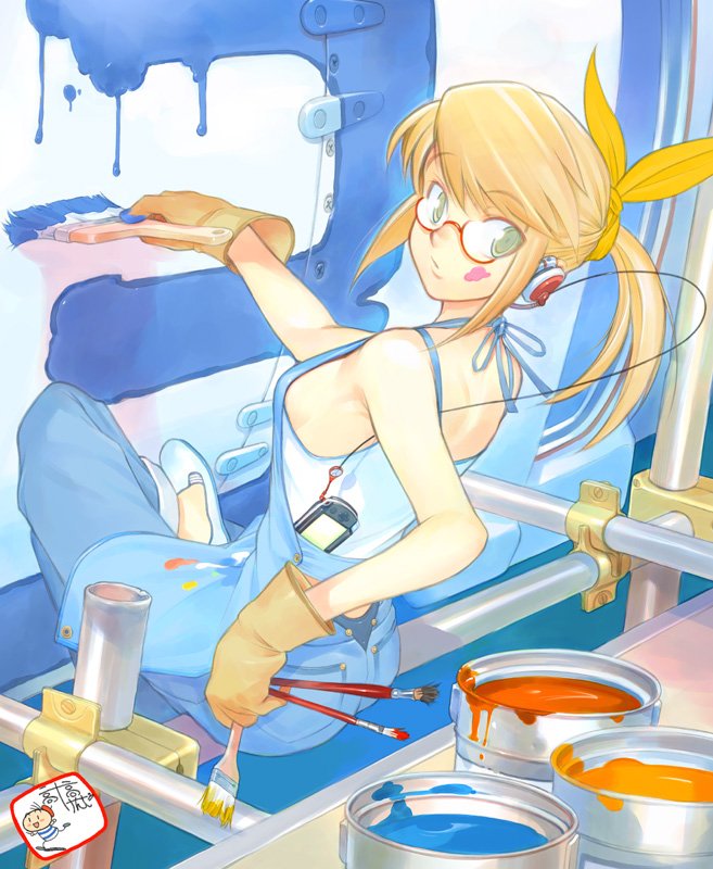 1girl, art_brush, artist_name, bad_id, blonde_hair, breasts, glasses, handheld_game_console