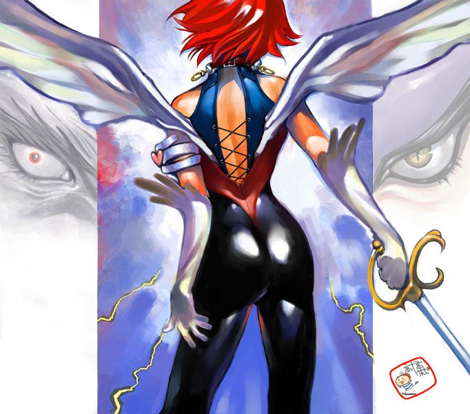 1girl, artist_name, ass, back, bad_id, cutie_honey, cutie_honey_(character), from_behind
