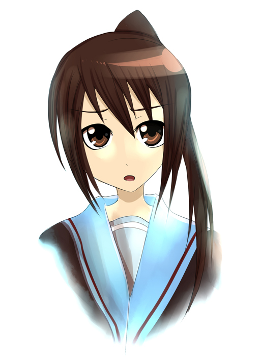 1girl, bad_id, brown_eyes, brown_hair, cardigan, genderswap, gradient, gradient_background