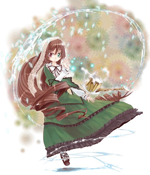 00s, 1girl, bangs, brown_hair, dress, drill_hair, frills, green_dress