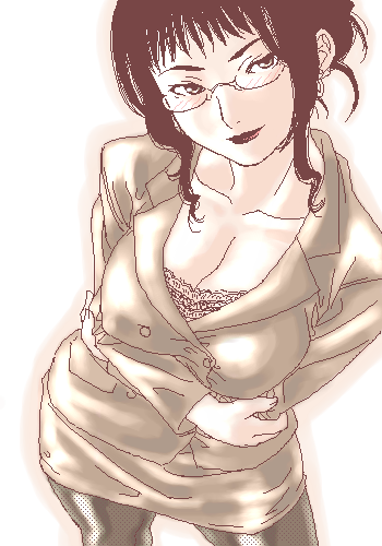 1girl, glasses, gusu, legwear, lowres, monochrome, oekaki, pantyhose