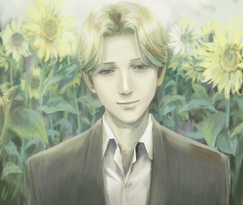 1boy, as_(ashes), bishounen, blonde_hair, blue_eyes, flower, johan_liebert, lowres