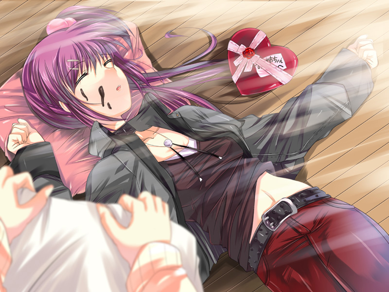 1girl, :o, belt, blanket, blush, buckle, chocolate, closed_eyes