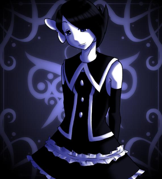 black_hair, blue_eyes, endless_whispers, gothic_lolita, mai_(pokemon), monochrome, pokemon, short_hair