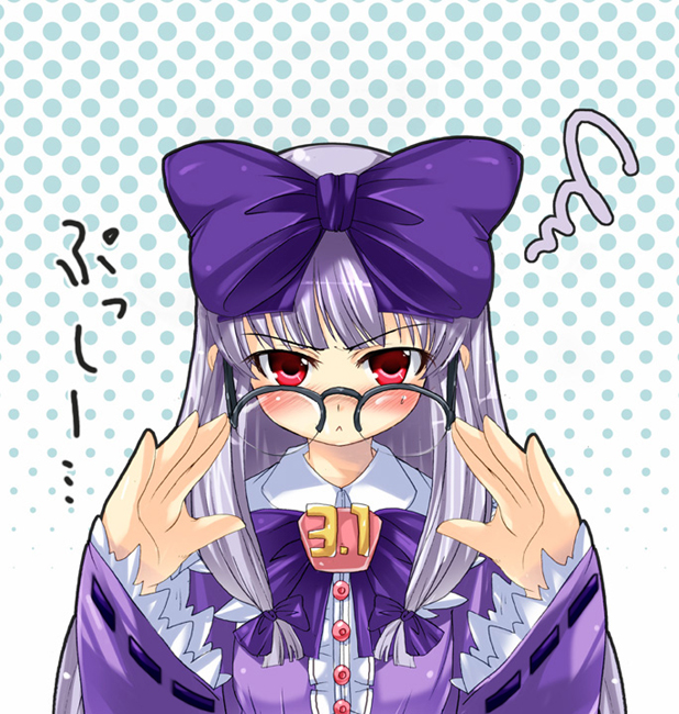 1girl, 3.1-tan, bangs, black-framed_eyewear, black-framed_glasses, blue_bow, blunt_bangs, bow, glasses, hair_bow, hirama_hirokazu, long_hair, long_sleeves, looking_at_viewer, na_mizuumi, os-tan, over-rim_glasses, red_eyes, semi-rimless_glasses, silver_hair, solo, squiggle