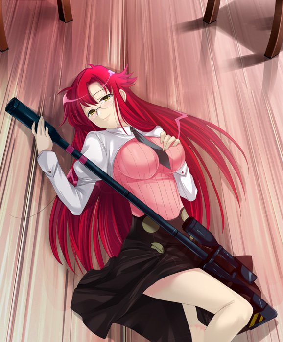 1girl, anti-materiel_rifle, brown_skirt, glasses, gun, hirama_hirokazu, long_hair, long_skirt