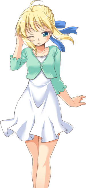 ahoge, blonde_hair, blush, casual, fate/stay_night, fate_(series), green_eyes, hair_ribbon