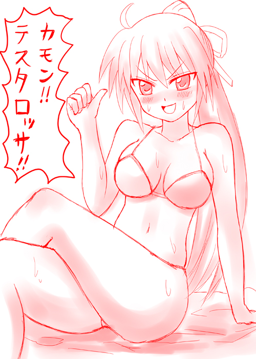 1girl, bikini, blush, lyrical_nanoha, mahou_shoujo_lyrical_nanoha, mahou_shoujo_lyrical_nanoha_a's, monochrome, red, sawa_(artist), sawa_(snack_yoshie), signum, solo, swimsuit