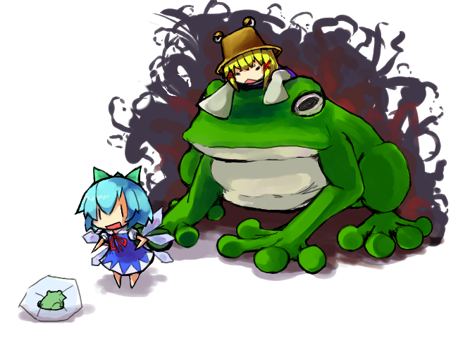 2girls, aura, chibi, cirno, dark_aura, female, frog, frozen