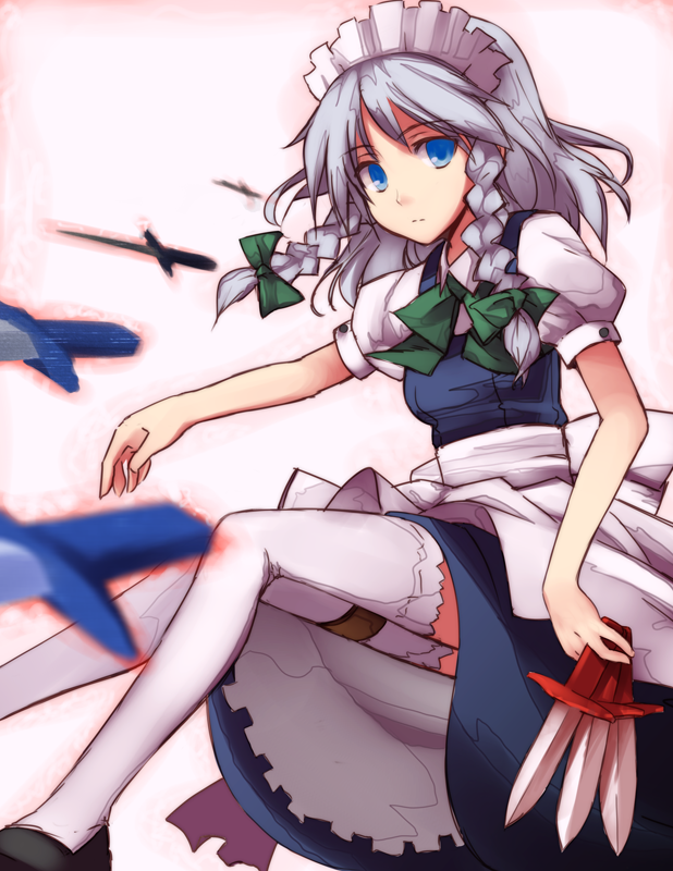 1girl, between_fingers, braid, female, izayoi_sakuya, knife, maid, solo