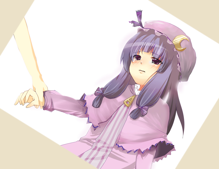 1girl, capelet, crescent, dutch_angle, female, frills, hand_holding, hat