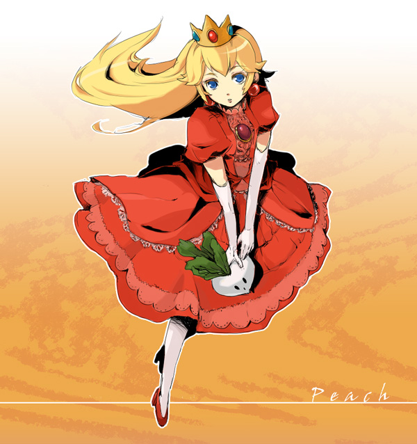 1girl, alternate_color, blonde_hair, blue_eyes, crown, dress, earrings, elbow_gloves