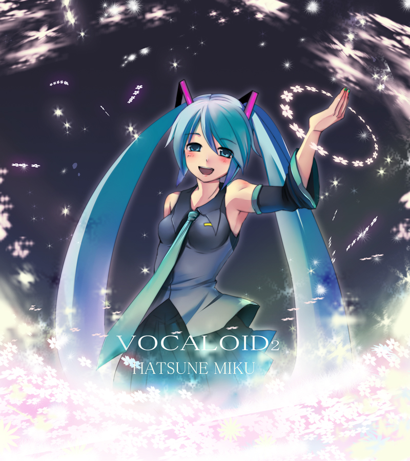 1girl, :d, aqua_hair, armpits, black_skirt, blush, character_name, collared_shirt