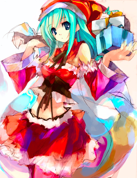 1girl, blue_eyes, blue_hair, christmas, green_hair, pantyhose, red_legwear, santa_costume