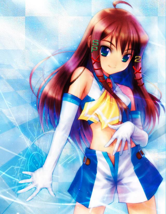 1girl, blue_eyes, brown_hair, cosplay, elbow_gloves, fuyude_yuri, gloves, jpeg_artifacts, long_hair, midriff, os-tan, photoshop, shorts, solo, wandaba_style, xp-tan, xp-tan_(cosplay), xp_(cosplay)