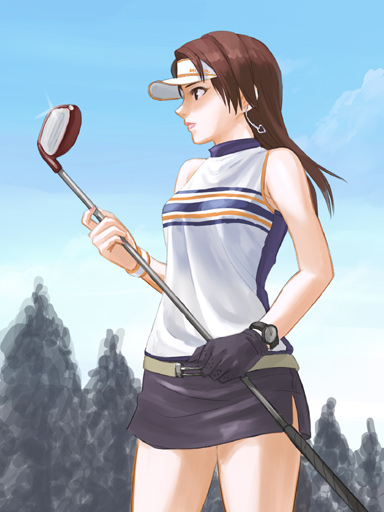1girl, bare_shoulders, brown_hair, clap_hanz, earrings, gloves, golf, golf_club, jewelry, long_hair, minna_no_golf, original, pencil_skirt, single_glove, skirt, sleeveless, sleeveless_turtleneck, solo, tan_taka, tree, turtleneck, visor, visor_cap, watch, watch, yukino_(minna_no_golf)