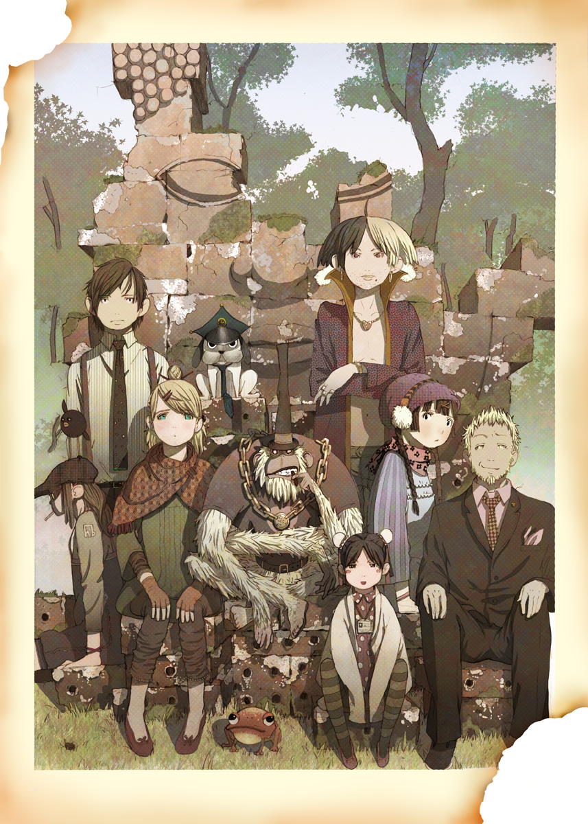 3boys, 4girls, animal, bad_id, comic, dog, double_bun, earrings, everyone, extra_arms, facial_hair, formal, frog, hair_ornament, hairclip, hat, highres, jewelry, monkey, multi_arm, multi_limb, multicolored_hair, multiple_boys, multiple_girls, necklace, necktie, original, photo_(object), ruins, stubble, suit, tashiro_hokekyo