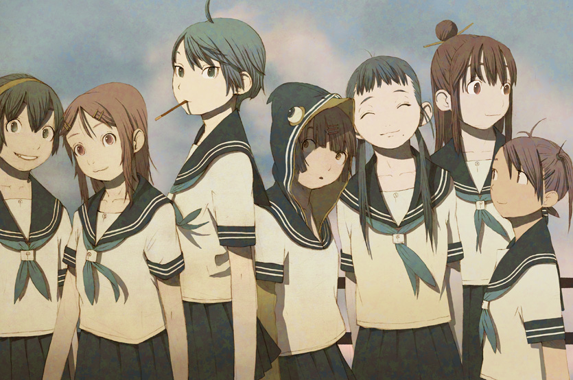 6+girls, ahoge, bad_id, blue_hair, brown_hair, closed_eyes, grin, hairband